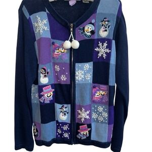 Victoria Jones Snowman Christmas Sweater Women's S Zip Up Embroidered Snowflakes